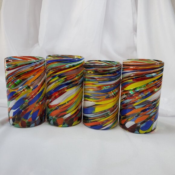 Hand Blown Mexican Glasses – 4 Confetti Swirl Drinking Tumbler Glasses - Picture 2 of 13